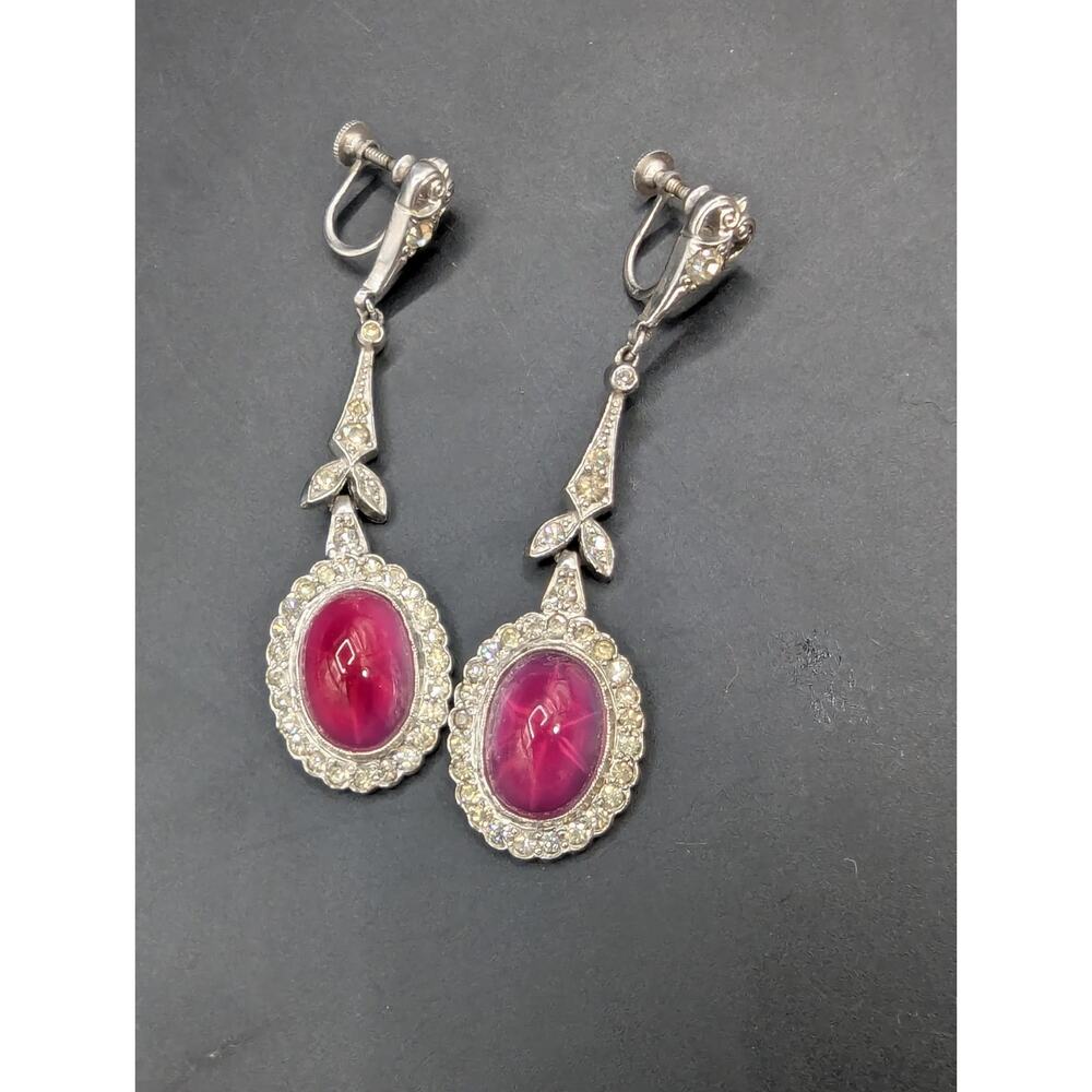 Vintage Star Pink Glass Cabochon Silver Tone Dangle/Drop Filigree Earrings